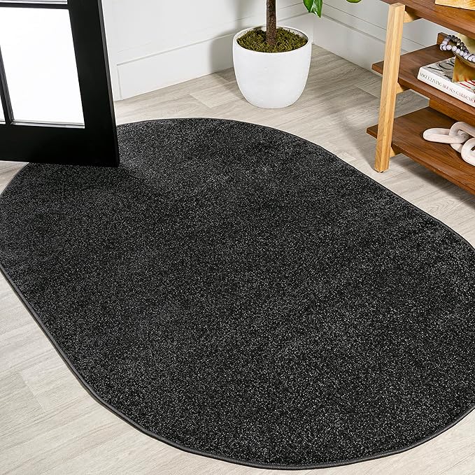 Eyely UES100I-3OV Supersoft Haze Solid Low-Pile Indoor Area Rug Casual;Contemporary;Solid;Traditional, Bedroom, Kitchen, Living Room, Easy-Cleaning, Non-Shedding, 3 X 5 Oval, Black