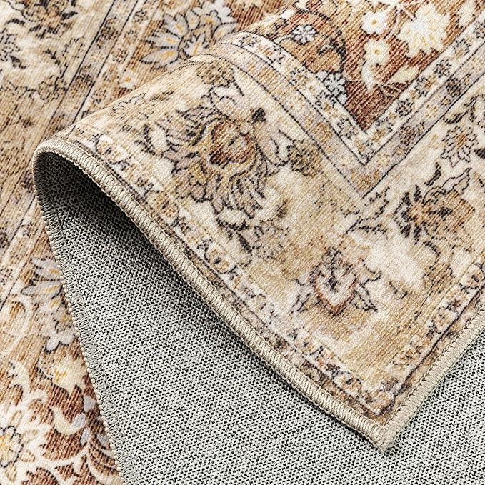 HUGEAR 4x6 Machine Washable Rugs Brown Beige Hallway Area Rug Indoor Accent Rug Floral Low Pile Carpet Soft Throw Rug Bedroom Living Room Office Dining Room Kitchen Laundry Room Non Slip