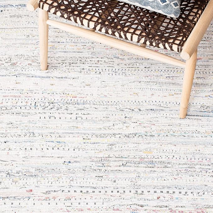 SAFAVIEH Rag Rug Collection Area Rug - 6' Square, Ivory & Multi, Handmade Boho Stripe Cotton, Ideal for High Traffic Areas in Living Room, Bedroom (RAR121G)