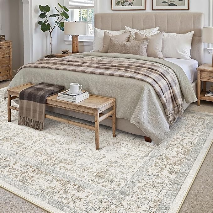 Taupe Area Rug 9x12 Machine Washable Large Vintage Living Room Distressed Non Slip Carpet Traditional Indoor Bedroom Retro Floral Accent Throw Rug for Office Kitchen Dining Room