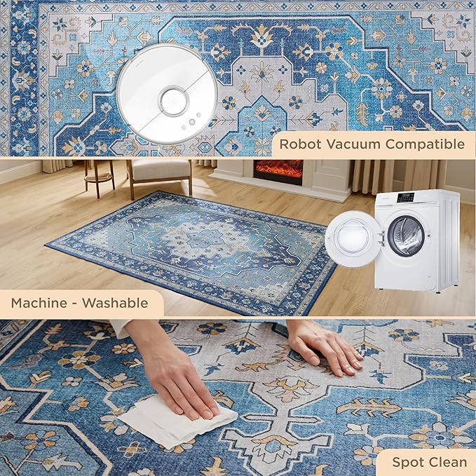Bedsure 8x10 Area Rugs for Living Room, Machine Washable Rugs, Non-Slip Backing, Non-Shedding, Vintage Low Pile Easy Care Throw Carpet for Bedroom Dining Room, Grey