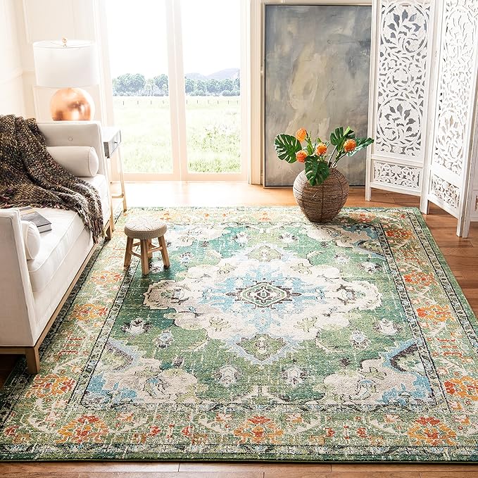 SAFAVIEH Monaco Collection X-Large Area Rug - 12' x 15', Forest Green & Light Blue, Medallion Distressed, Non-Shedding & Easy Care, Ideal for High Traffic Areas in Living Room, Bedroom (MNC243F)