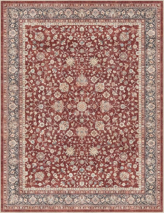 Well Woven Asha Rome Red 9'10" x 13' Area Rug - Oriental Floral Pattern, Easy Clean, Floor-Friendly Backing - for Living Room, Bedroom, and Dining Room