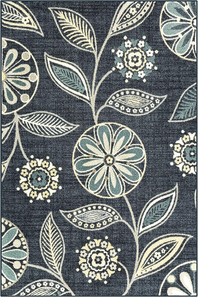 Maples Rugs Reggie Floral Area Rug - Made in USA - Washable, Non Slip, Pet-Friendly Mats for Living Room, Bedroom, and Office, 3'4 x 5, Persian Blue