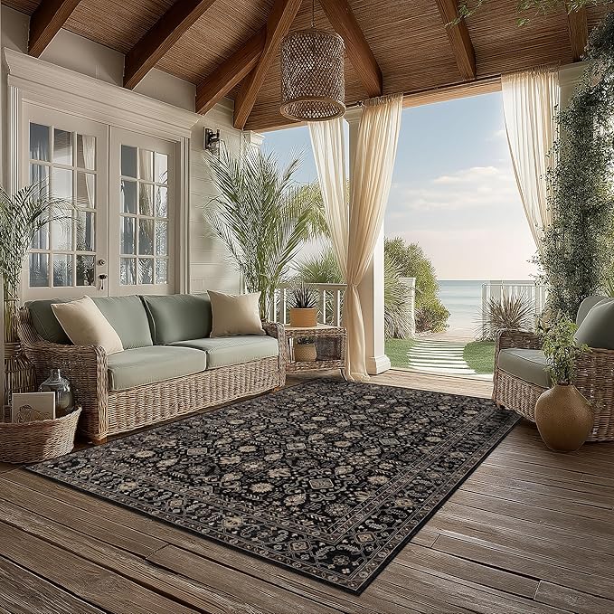 Area Rug Non Slip Machine Washable Ultra Soft Living Room/Bedroom/Kitchen/Outdoor/Classroom Black Gold, 5'×7'