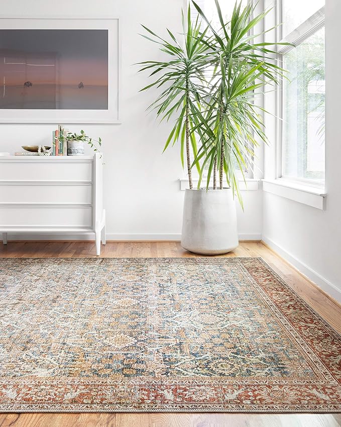 Loloi Layla Collection LAY-04 Ocean/Rust 3'-6" x 5'-6" .13" Thick Accent Rug, Soft, Durable, Vintage Inspired, Distressed, Low Pile, Non-Shedding, Easy Clean, Printed, Living Room Rug