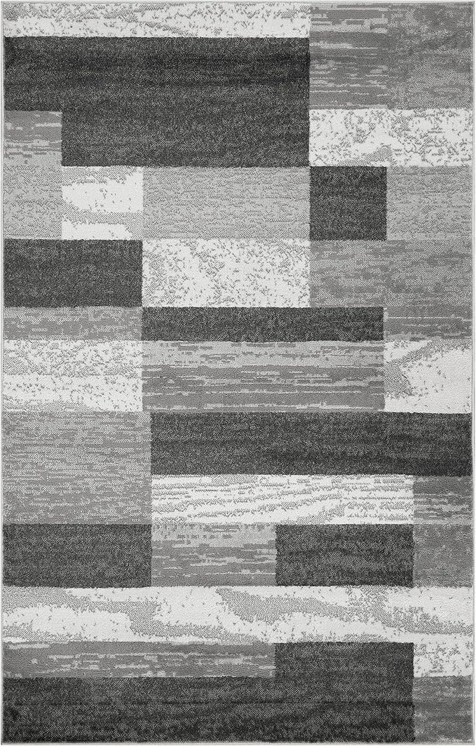 Superior Indoor Area Rug, Jute Backed, Modern Geometric Patchwork Floor Decor for Bedroom, Office, Living Room, Entryway, Hardwood Floors, Rockwood Collection, 4' x 6', Charcoal