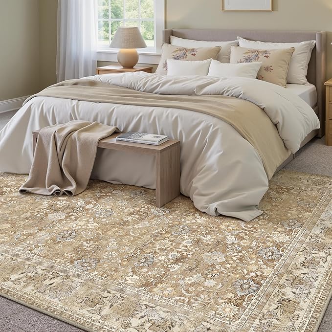 HUGEAR 8x10 Machine Washable Rugs Brown Beige Hallway Large Area Rug Indoor Accent Rug Floral Low Pile Carpet Soft Throw Aesthetic Rug Bedroom Living Room Office Dining Room Kitchen Laundry Room