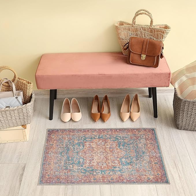 GLN Rugs Traditional Collection - Machine Washable Area Rug, Traditional Washable, Non Slip, Low Pile Chenille Rug, Living Room, Bedroom, Kitchen Rug (2' x 3' Terra/Green)