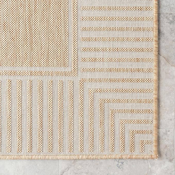 Nuloom Asha Tan/Ivory, 6'7" x 9', Casual, Striped Border, Soft and Cozy, High Traffic, Stain Resistant, Easy Clean, Durable Area Rug for Indoor/Outdoor Patio, Deck, Porch, Garden, Courtyard