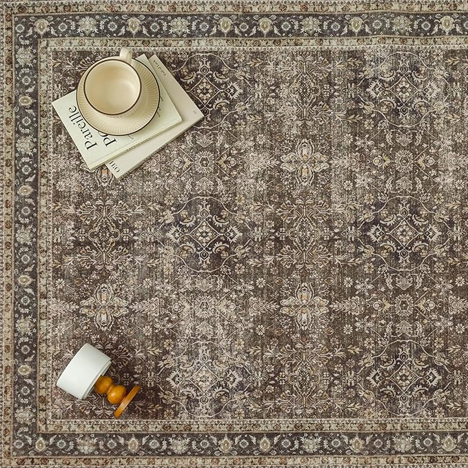 Entryway Area Rug 4x6 Brown Vintage Washable Office Carpet Traditional Distressed Indoor Entry Soft Non Slip Small Door Mat Retro Low Pile Thin Rug for Kitchen Laundry Bedroom