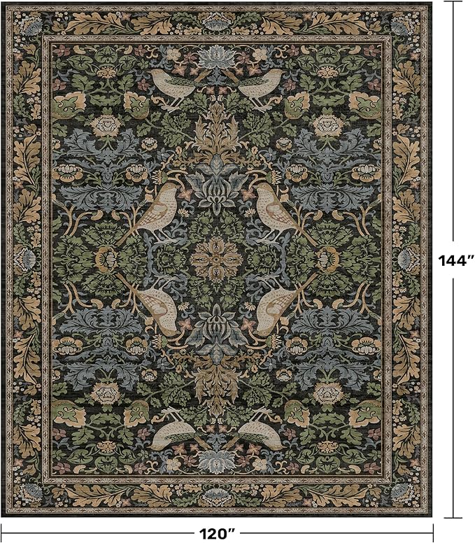 Botanical Brown Rug for Living Room - Washable 10x12 Area Rug for Dining Room Under Table, Extra Large Bedroom - Boho Bird Farmhouse Decor, Soft Low PileNon-Slip & Stain Resistance