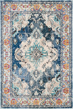SAFAVIEH Monaco Collection Accent Rug - 4' x 5'7", Navy & Light Blue, Medallion Distressed Design, Non-Shedding & Easy Care, Ideal for High Traffic Areas in Entryway, Living Room, Bedroom (MNC243N)