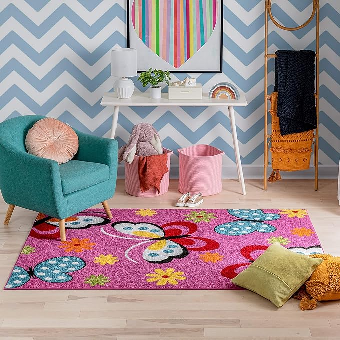 Well Woven Modern Rug Daisy Butterflies Pink 3'3'' x 5' Accent Entry Way Bright Kids Room Kitchn Bedroom Carpet Bathroom Soft Durable Area Rug