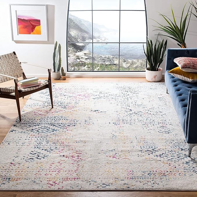 SAFAVIEH Tulum Collection Area Rug - 9' Square, Ivory & Blue, Moroccan Boho Tribal Design, Non-Shedding & Easy to Clean, Ideal for Living Room, Bedroom, Dining Space (TUL272C)