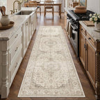 HUGEAR 2x8 Runner Rug Hallway Vintage Brown Machine Washable Neutral Floral Low Pile Carpet Vacuumable Thin Long Throw Rug Bedroom Office Bathroom Kitchen Laundry Non Slip Soft Lightweight