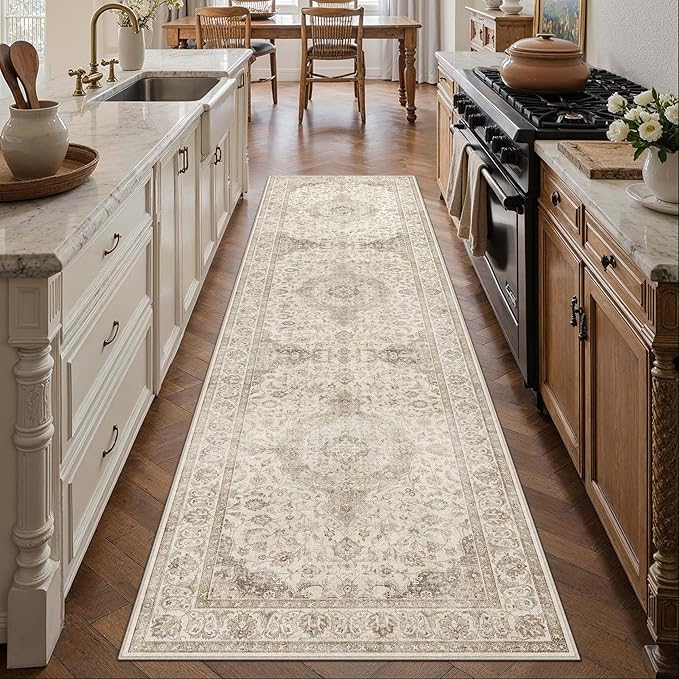 HUGEAR 2x8 Runner Rug Hallway Vintage Brown Machine Washable Neutral Floral Low Pile Carpet Vacuumable Thin Long Throw Rug Bedroom Office Bathroom Kitchen Laundry Non Slip Soft Lightweight