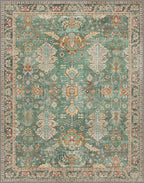 Bavni Washable Area Rugs 8x10 Green Boho Rug Tumble Vintage Large Carpet for Living Room Bedroom Dining Room, Non Slip Thin Low Pile Chenille, Dark Sage/Gold