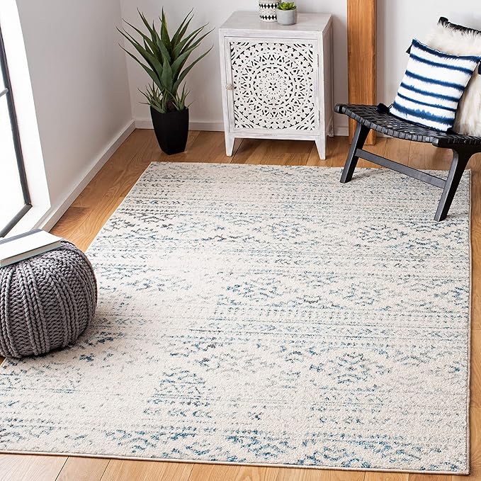 SAFAVIEH Area Rug 9x12 - Tulum Collection - Large - Ivory & Turquoise, Moroccan Boho Tribal Design, Non-Shedding & Easy to Clean, Ideal for Living Room, Bedroom, Dining Space (TUL272E)
