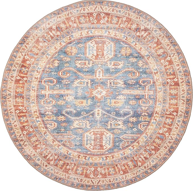 GLN Rugs Traditional Collection - Machine Washable Area Rug, Traditional Washable, Non Slip, Low Pile Chenille Rug, Living Room, Bedroom, Kitchen Rug (5'3" Round Terra/Slate Blue)