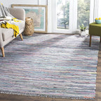 SAFAVIEH Rag Rug Collection Area Rug - 4' Square, Aqua & Multi, Handmade Boho Stripe Cotton, Ideal for High Traffic Areas in Living Room, Bedroom (RAR121K)