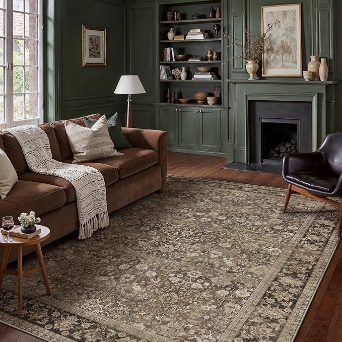 HUGEAR 6x9 Machine Washable Rugs Brown Hallway Large Area Rug Indoor Accent Rug Floral Mid Pile Carpet Soft Thicker Throw Aesthetic Rug Bedroom Living Room Office Dining Kitchen Laundry