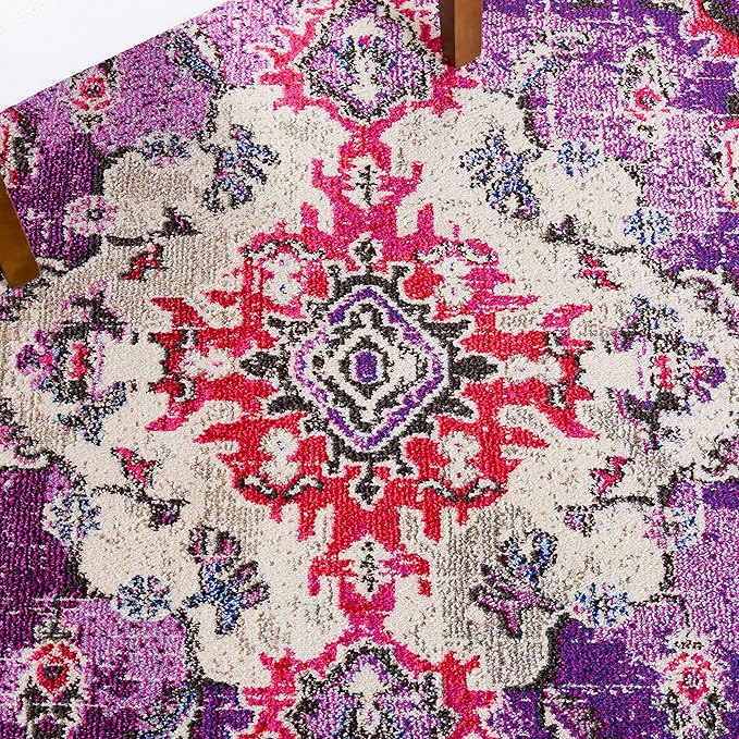 SAFAVIEH Monaco Collection Area Rug - 6'7" Square, Violet & Fuchsia, Boho Chic Medallion Distressed Design, Non-Shedding & Easy Care, Ideal for High Traffic Areas in Living Room, Bedroom (MNC243P)