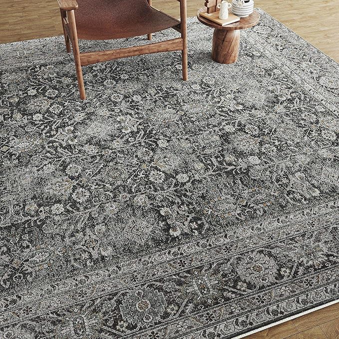 Black Runner Rug 2'6"x12' Vintage Area Carpet Hallway Long Indoor Kitchen Washable Living Room Low Pile Traditional Distressed Retro Accent Rug Non Slip Laundry Bathroom Office Dining Room