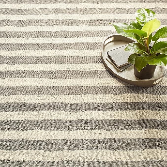 Dash & Albert Silas Stripe Grey Hand Micro Hooked Wool Rug, 9.5 X 13.5 Feet, Grey Stripe Pattern - Premium Luxury Hotel Quality Soft Breathable Hypoallergenic Machine Washable Easy Care All Season