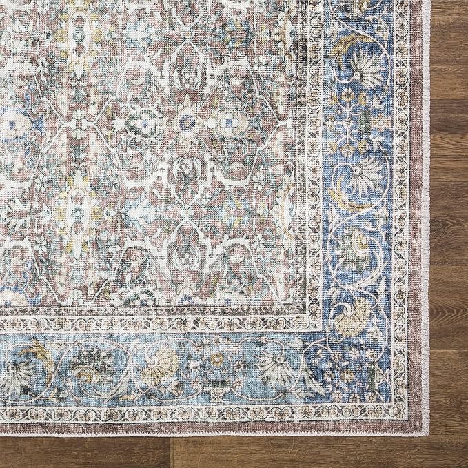 Bloom Rugs Caria Washable Non-Slip 4x6 Rug - Blue/Red Brown Traditional Area Rug for Living Room, Bedroom, Dining Room, and Kitchen - Exact Size: 4' x 6'