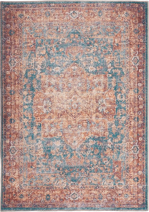 GLN Rugs Traditional Collection - Machine Washable Area Rug, Traditional Washable, Non Slip, Low Pile Chenille Rug, Living Room, Bedroom, Kitchen Rug (5' x 7' Terra/Green)