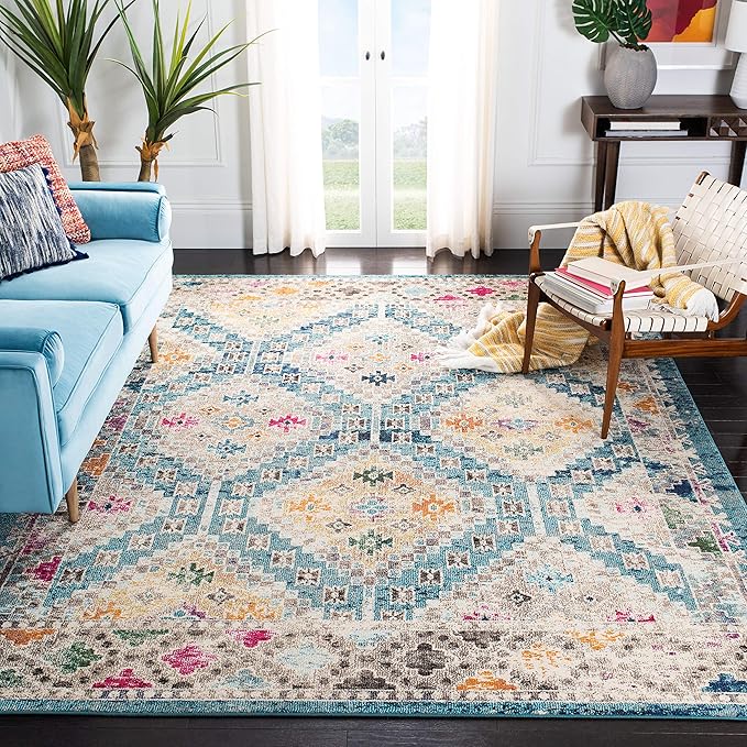 SAFAVIEH Madison Collection Area Rug - 3' Square, Dark Blue & Yellow, Boho Diamond Distressed Design, Non-Shedding & Easy Care, Ideal for High Traffic Areas in Living Room, Bedroom (MAD418N)