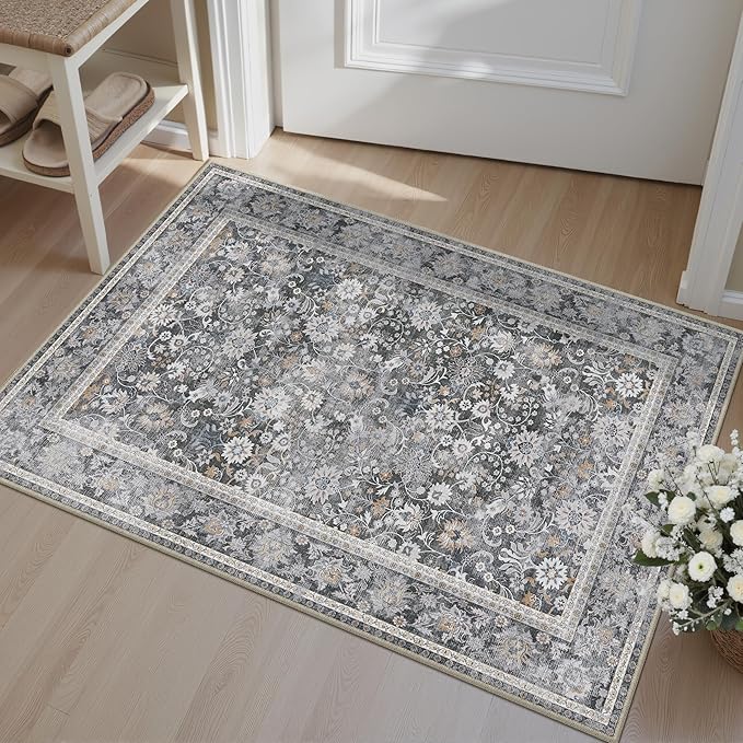 HUGEAR 2x3 Small Rug Machine Washable Area Rug Black Grey Entryway Rugs Entrance Door Mat Indoor Floral Low Pile Carpet Distressed Throw Rugs Kitchen Bedroom Office Non Slip