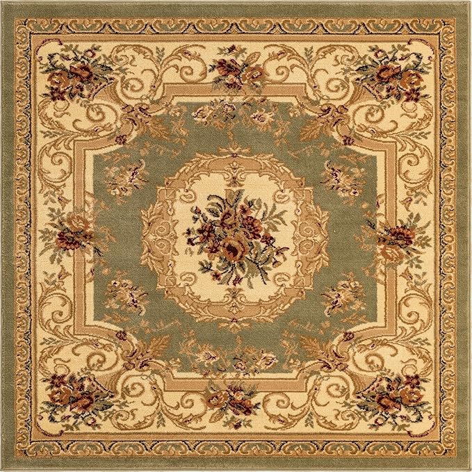 Unique Loom Versailles Collection Traditional Classic Floral Motif Area Rug (5' 0 x 5' 0 Square, Green/Ivory)