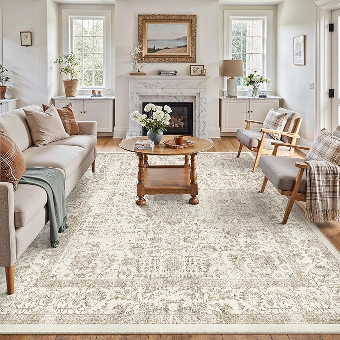 Light Brown Area Rug 5x7 Machine Washable Vintage Living Room Distressed Non Slip Carpet Traditional Indoor Bedroom Retro Floral Accent Throw Large Rug Office Kitchen Bathroom Dining Room