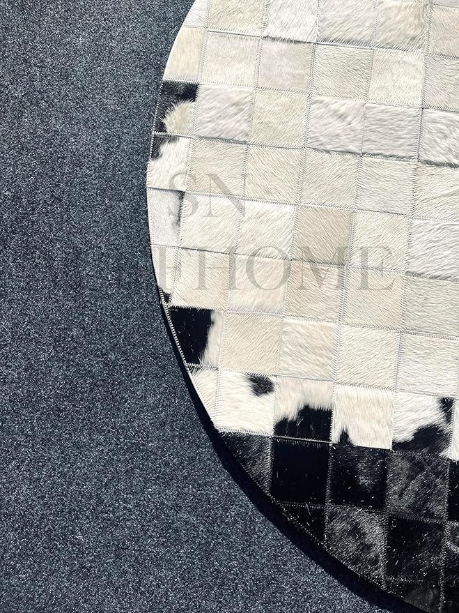 Round Cowhide Patchwork Leather Area Rug 3×3 ft – Modern Geometric Design, Durable Carpet for Living Room, Bedroom, Lounge, Office & Home Decor, Black & White
