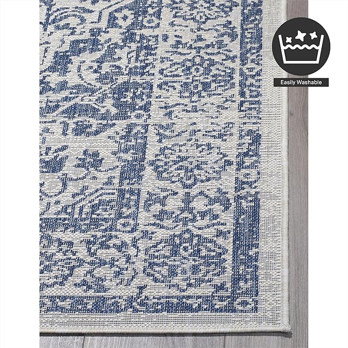 FH Home Flat Woven Outdoor Rug - Waterproof, Easy to Clean, Stain Resistant - Premium Polypropylene Yarn - Vintage - Patio, Porch, Deck, Balcony - Ankara - Distressed Blue - 5ft 2in x 7ft 6in