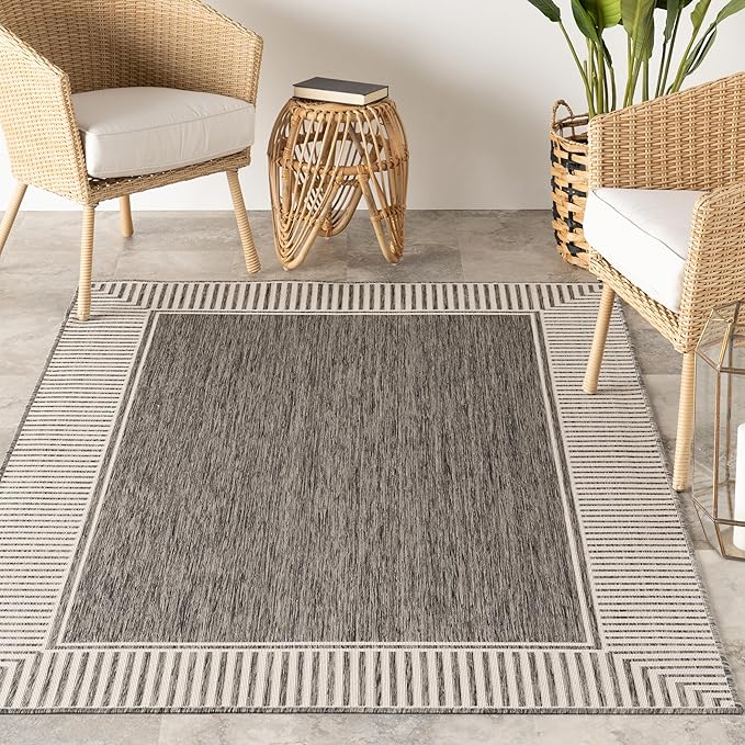 Nuloom Asha Grey/Ivory, 10' x 14', Casual, Striped Border, Soft and Cozy, High Traffic, Stain Resistant, Easy Clean, Durable Area Rug for Indoor/Outdoor Patio, Deck, Porch, Garden, Courtyard