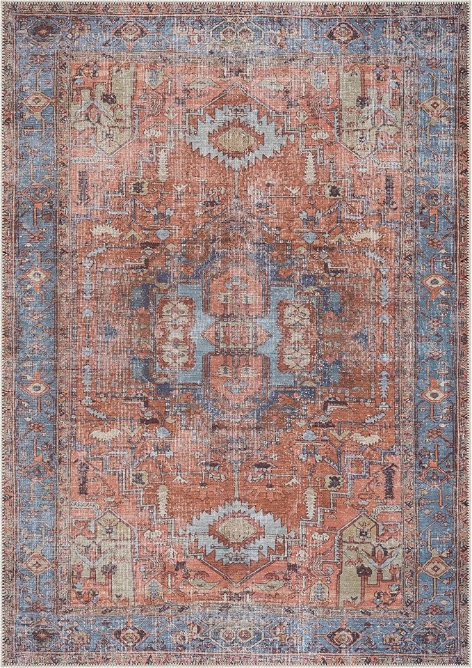 Bloom Rugs Washable 8' x 10' Rug - Terracotta/Blue Traditional Area Rug for Living Room, Bedroom, Dining Room, and Kitchen - Exact Size: 8' x 10'