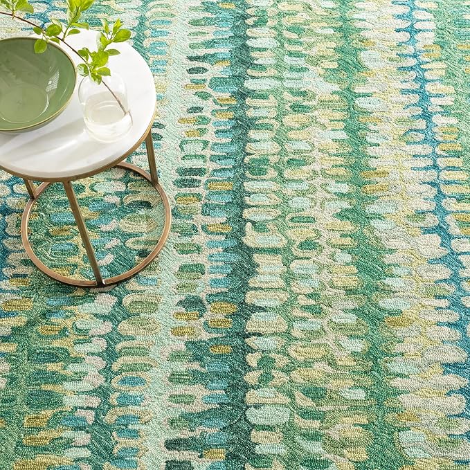 Dash & Albert Paint Chip Stone Hand Micro Hooked Wool Rug, 9.5 X 13.5 Feet, Multicolored/Green Geometric Pattern