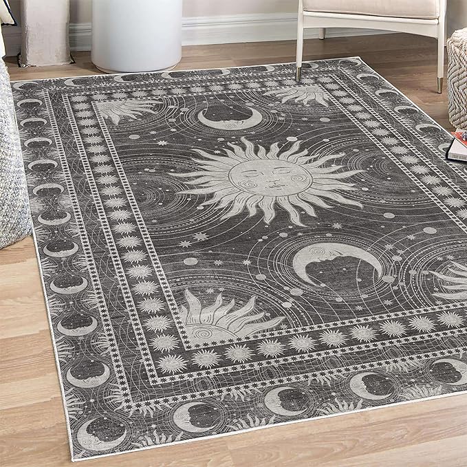 Ambesonne Sun and Moon Decorative Rug, Bohemian Artwork Design of Crescent Solar Ornament Esoteric Stars Ornaments, Quality Carpet for Bedroom Dorm and Living Room, 5' 1" X 7' 5", Dark Taupe