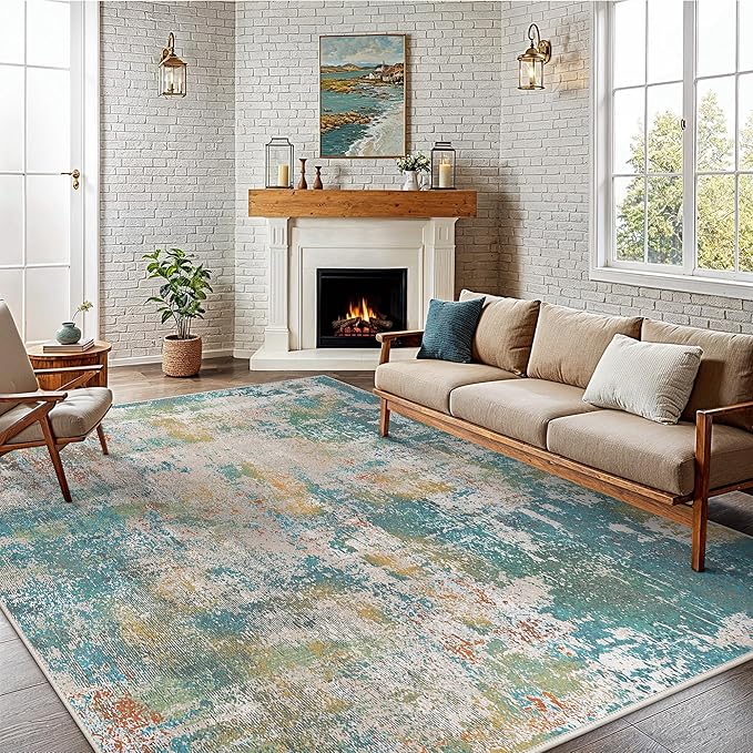 GENIMO 6x9 Area Rugs for Living Room, Machine Washable Rug Non Slip, Low Pile Ultra-Thin Lightweight Large Carpet, Abstract Modern Rugs for Bedroom, Dining Room, Office, Nursery, Teal/Beige