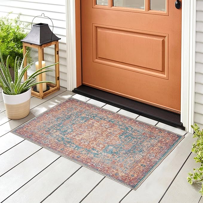 GLN Rugs Traditional Collection - Machine Washable Area Rug, Traditional Washable, Non Slip, Low Pile Chenille Rug, Living Room, Bedroom, Kitchen Rug (2' x 3' Terra/Green)