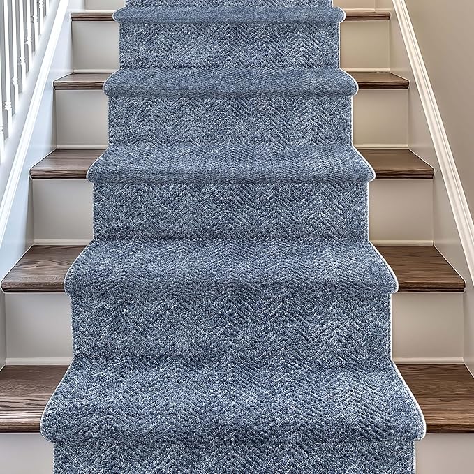 Well Woven Custom Size Hallway & Stair Runner- Harlow Pompeii Blue 31 Inches Wide x 8 Feet Long Runner (31" x 8') Runner Rug - Modern Chevron Pattern, Ultra-Soft, Easy-Clean