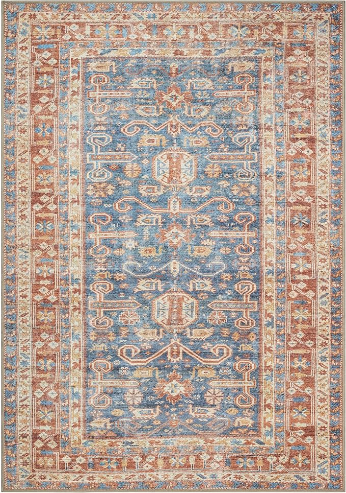 GLN Rugs Traditional Collection - Machine Washable Area Rug, Traditional Washable, Non Slip, Low Pile Chenille Rug, Living Room, Bedroom, Kitchen Rug (6' x 9' Terra/Slate Blue)