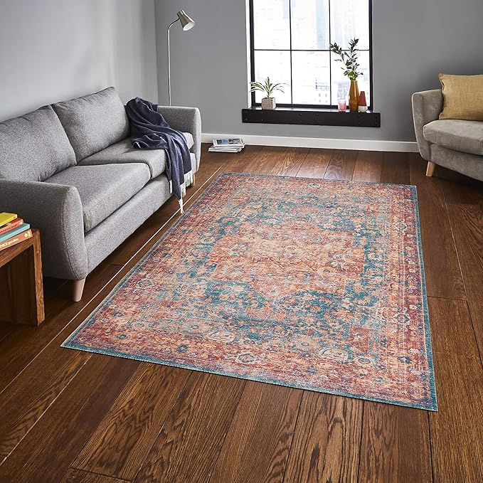 GLN Rugs Traditional Collection - Machine Washable Area Rug, Traditional Washable, Non Slip, Low Pile Chenille Rug, Living Room, Bedroom, Kitchen Rug (5' x 7' Terra/Green)
