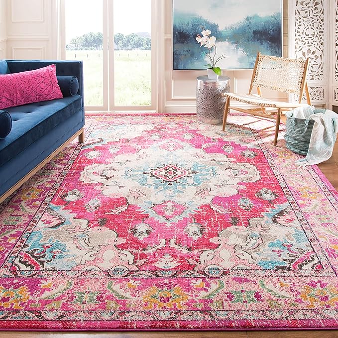 SAFAVIEH Monaco Collection Area Rug - 6'7" Square, Pink & Multi, Boho Chic Medallion Distressed Design, Non-Shedding & Easy Care, Ideal for High Traffic Areas in Living Room, Bedroom (MNC243D)