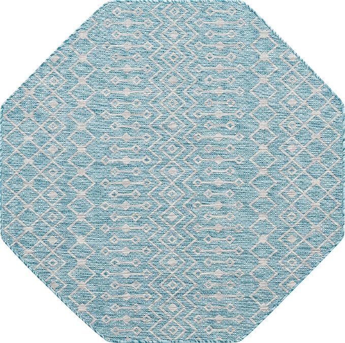 Unique Loom Outdoor Trellis Collection Area Rug - Tribal Trellis (5' 3" Octagon, Aqua/ Ivory)