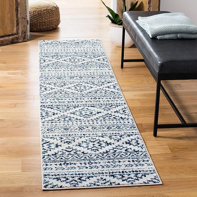 SAFAVIEH Tulum Collection Runner Rug - 2' x 8', Ivory & Navy, Moroccan Boho Tribal Design, Non-Shedding & Easy to Clean, Ideal for Living Room, Hallway, Foyer, Entryway, Bedroom (TUL272D)