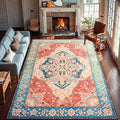 YJ.GWL Area Rugs for Living Room 6x9 Machine Washable Rugs, Non Slip Floral Vintage Rug Indoor Carpet, Stain Resistant Large Rug for Bedroom Dining Room, Red Blue Gradient Color